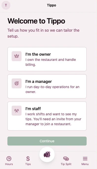 Tippo sign-up screen