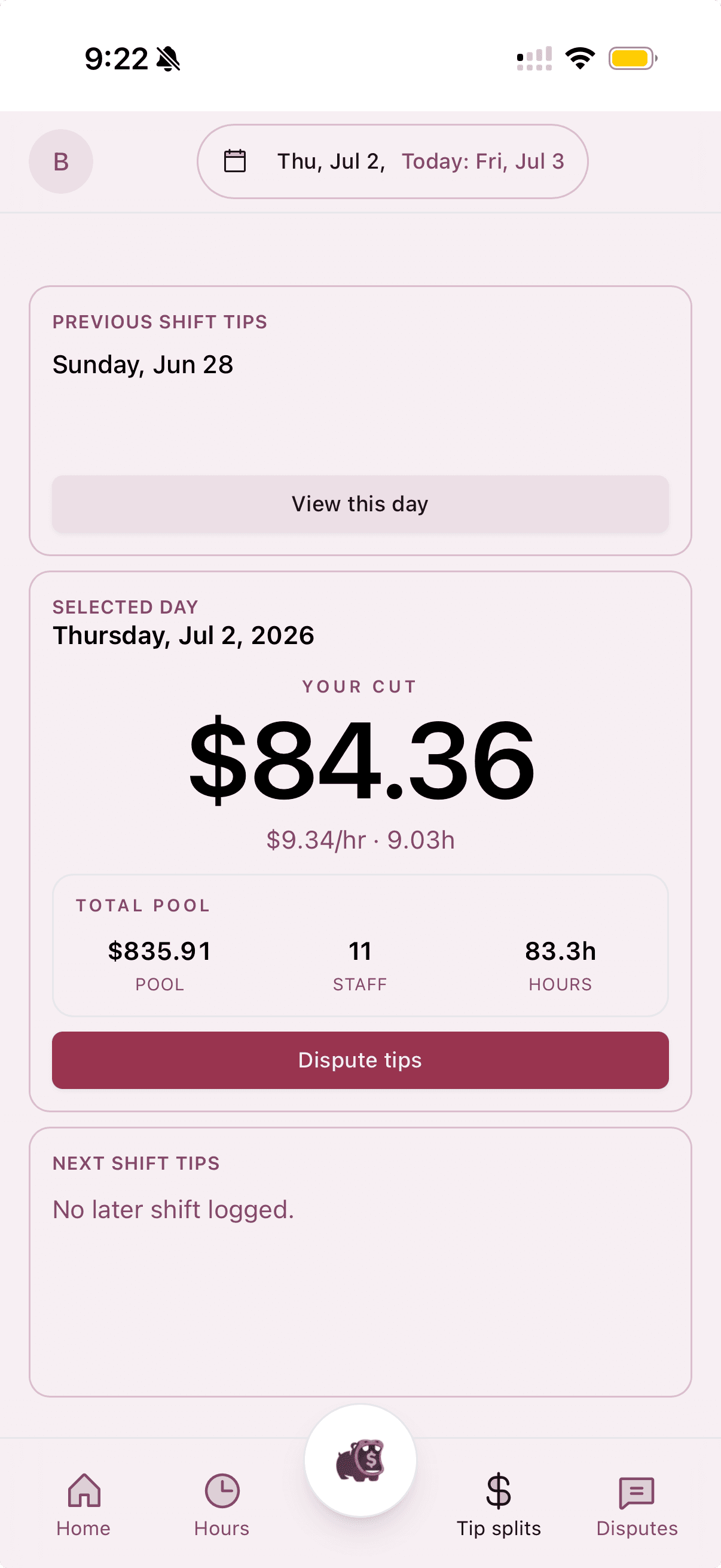 Staff tip split screen showing their daily cut and the total pool